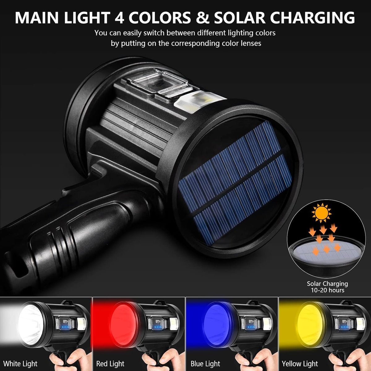 MIXILIN Rechargeable Spotlight, 2000,000 Lumens Handheld Hunting Flashlight Led Spot Light with Cob Light and Solar Panels, Lightweight and Super Bright Spotlight for Hunting Boating Camping