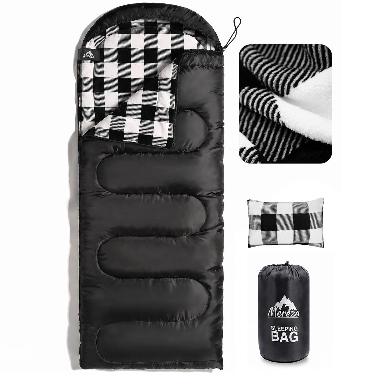 MEREZA Flannel Sleeping Bag for Adults Mens with Pillow, XL Cold Weather Sleeping Bag for 30 Degree 4 Season Camping Large Big and Tall Sleeping Bags with Compression Sack