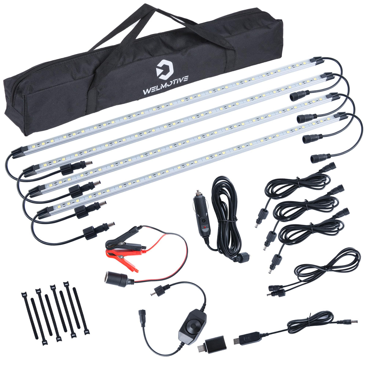 12V LED Light Bar Kit, 2 Bars White & 2 Bars Amber Adjustable Brightness RV Camping Lights - Waterproof IP67, Magnetic & Strap Mount, Portable Lighting for Tent, Car, Trailer, Boat, Truck, Off-Road