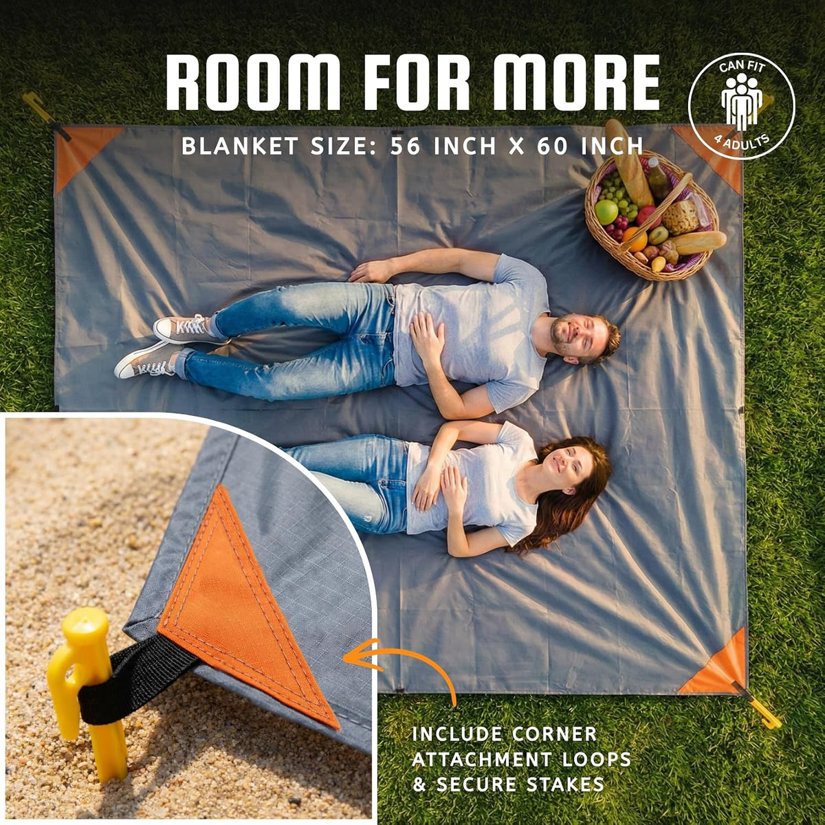 Pocket Blanket (Water Resistant) - Ultralight Sand Proof Beach Mat for Hiking, Festivals, & Travel - Compact Ground Cover Fits 2-4 Adults (Stake Loops Included)
