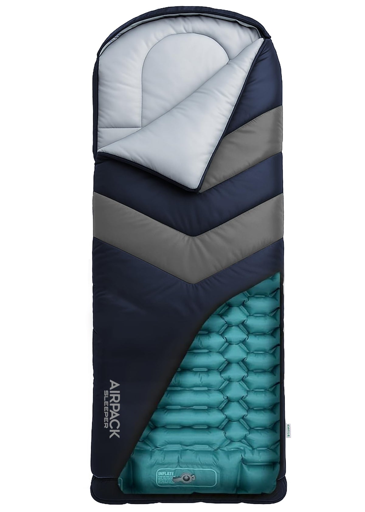 Sleeping Bag with Built-in Pad (AirPack Sleeper) - All-in-One Inflatable Sleeping Pad and Zip-Up Blanket for Camping with Built-in Foot Pump (Black/Green) 80"×30"
