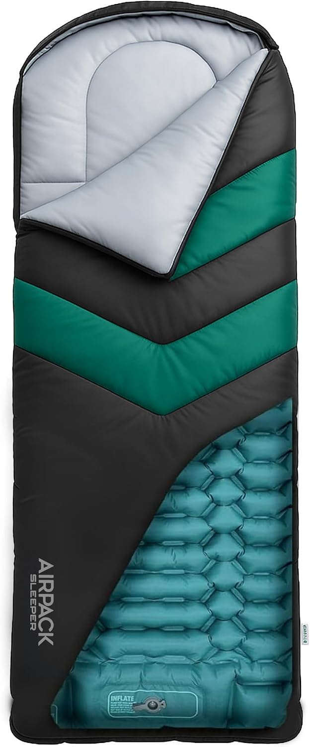 Sleeping Bag with Built-in Pad (AirPack Sleeper) - All-in-One Inflatable Sleeping Pad and Zip-Up Blanket for Camping with Built-in Foot Pump (Black/Green) 80"×30"