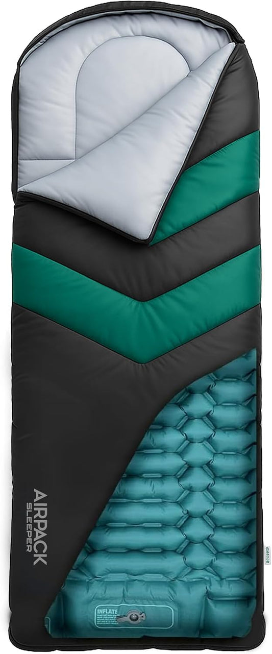 Sleeping Bag with Built-in Pad (AirPack Sleeper) - All-in-One Inflatable Sleeping Pad and Zip-Up Blanket for Camping with Built-in Foot Pump (Black/Green) 80"×30"