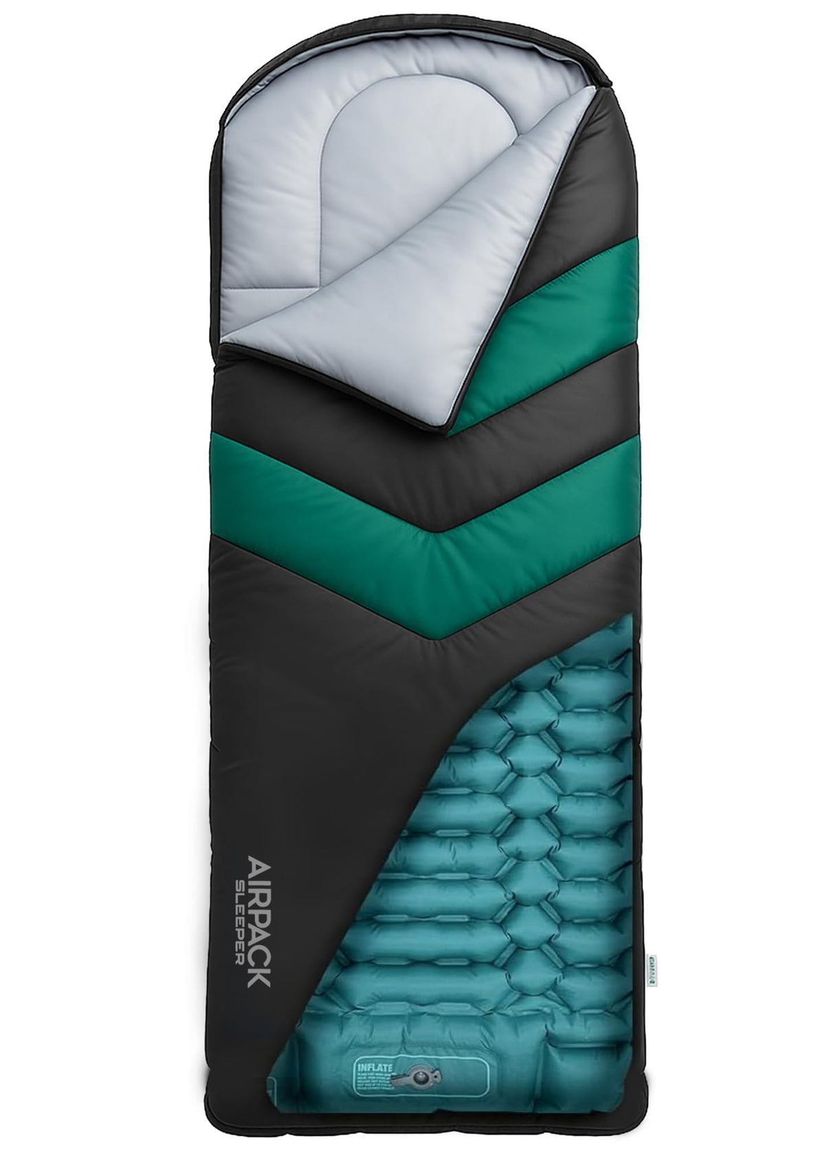 Sleeping Bag with Built-in Pad (AirPack Sleeper) - All-in-One Inflatable Sleeping Pad and Zip-Up Blanket for Camping with Built-in Foot Pump (Black/Green) 80"×30"