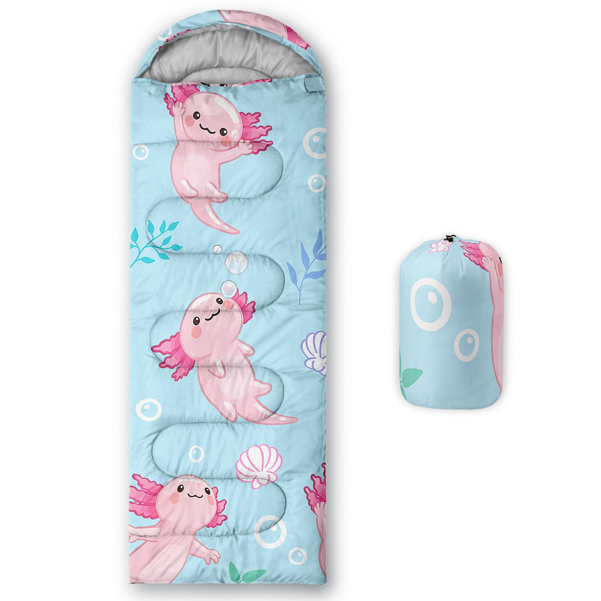 QOOMO Axolotl Cute Camping Sleeping Bags,3 Season Warm & Cool Weather,Lightweight,Waterproof Sleeping Bags for Adults & Kids,Traveling,and Outdoors