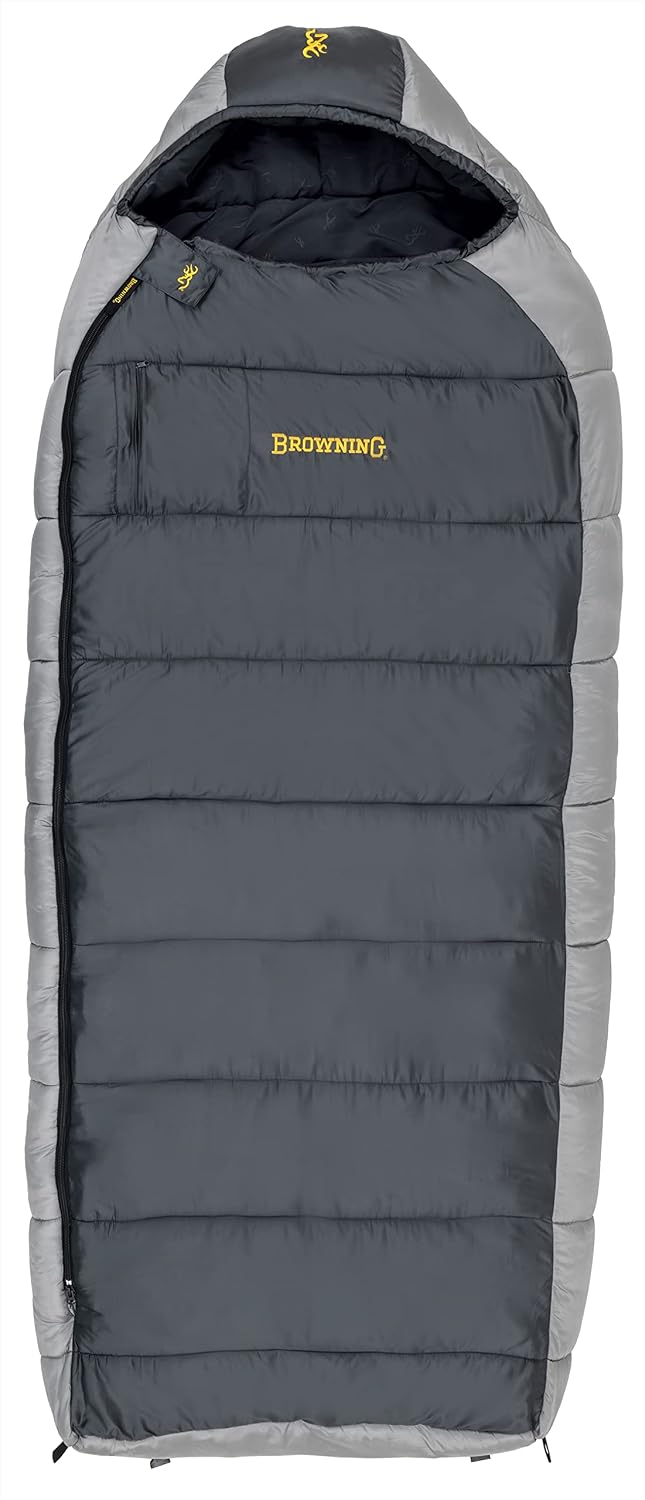 Browning McKinley -30° Sleeping Bag - Oversize Insulated Hooded Rectangle Made with Ripstop Outer and Brushed Polyester Liner, with Compression Stuff Sack, Charcoal/Gray
