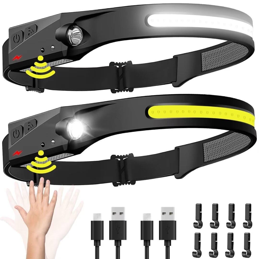 Headlamp Rechargeable, 230° Wide Beam Head Lamp LED with Motion Sensor for Adults - Camping Accessories Gear, Waterproof Head Light Flashlight for Hiking, Running, Repairing, Fishing, Cycling