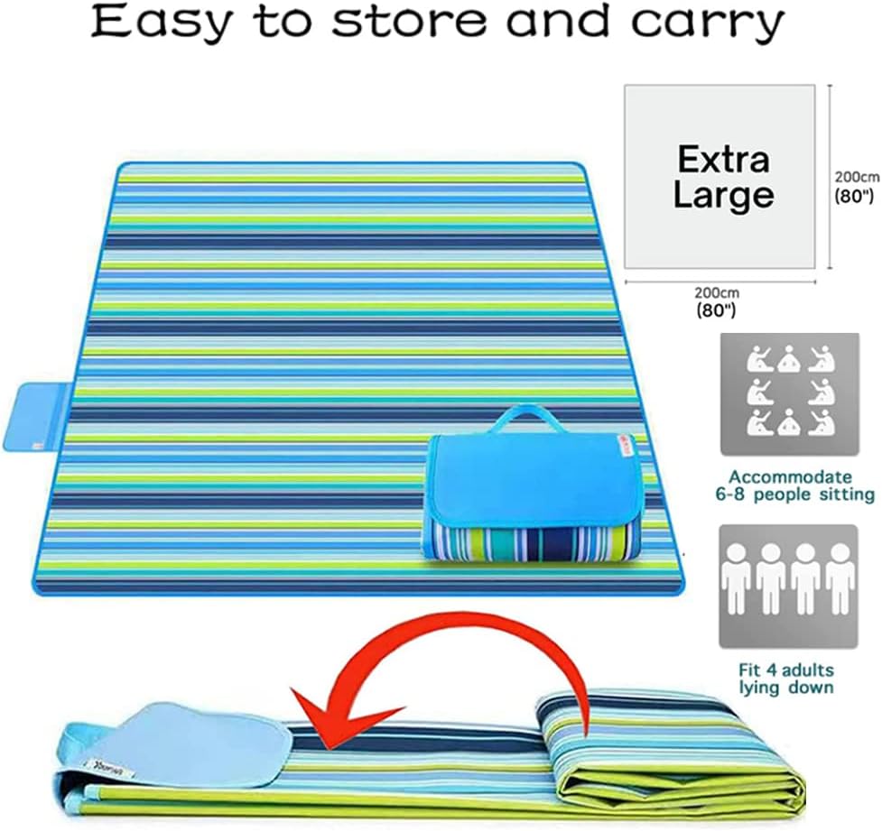 LRUUIDDE Extra Large 80"x 80" Beach Blanket, Outdoor Picnic Blankets, Waterproof Sandproof Portable Blankets, Foldable and Lightweight for Spring Summer Camping, Beach, Park (Blue, 80x80 in)