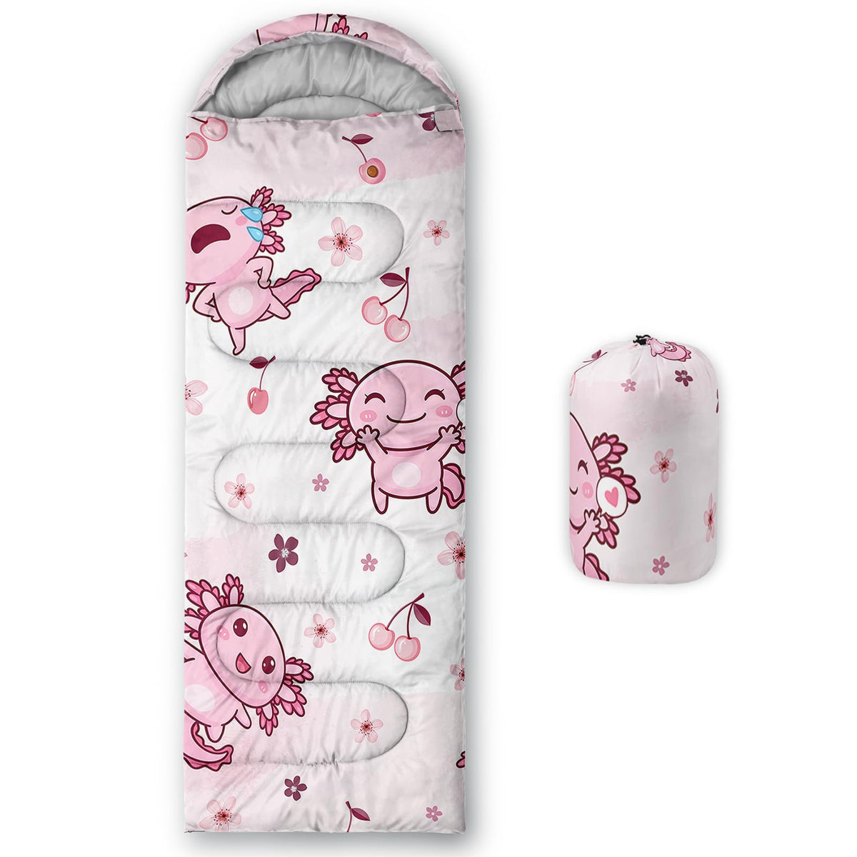 QOOMO Axolotl Cute Camping Sleeping Bags,3 Season Warm & Cool Weather,Lightweight,Waterproof Sleeping Bags for Adults & Kids,Traveling,and Outdoors