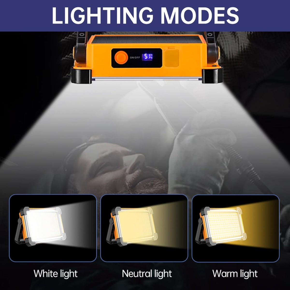 150W Solar Rechargeable Work Light, 180 LED 10000LM Portable Flood Light, IP65 Waterproof 3 Modes, with Stand, for Job Site Home Repair Camping Fishing Garage Workshop Emergency