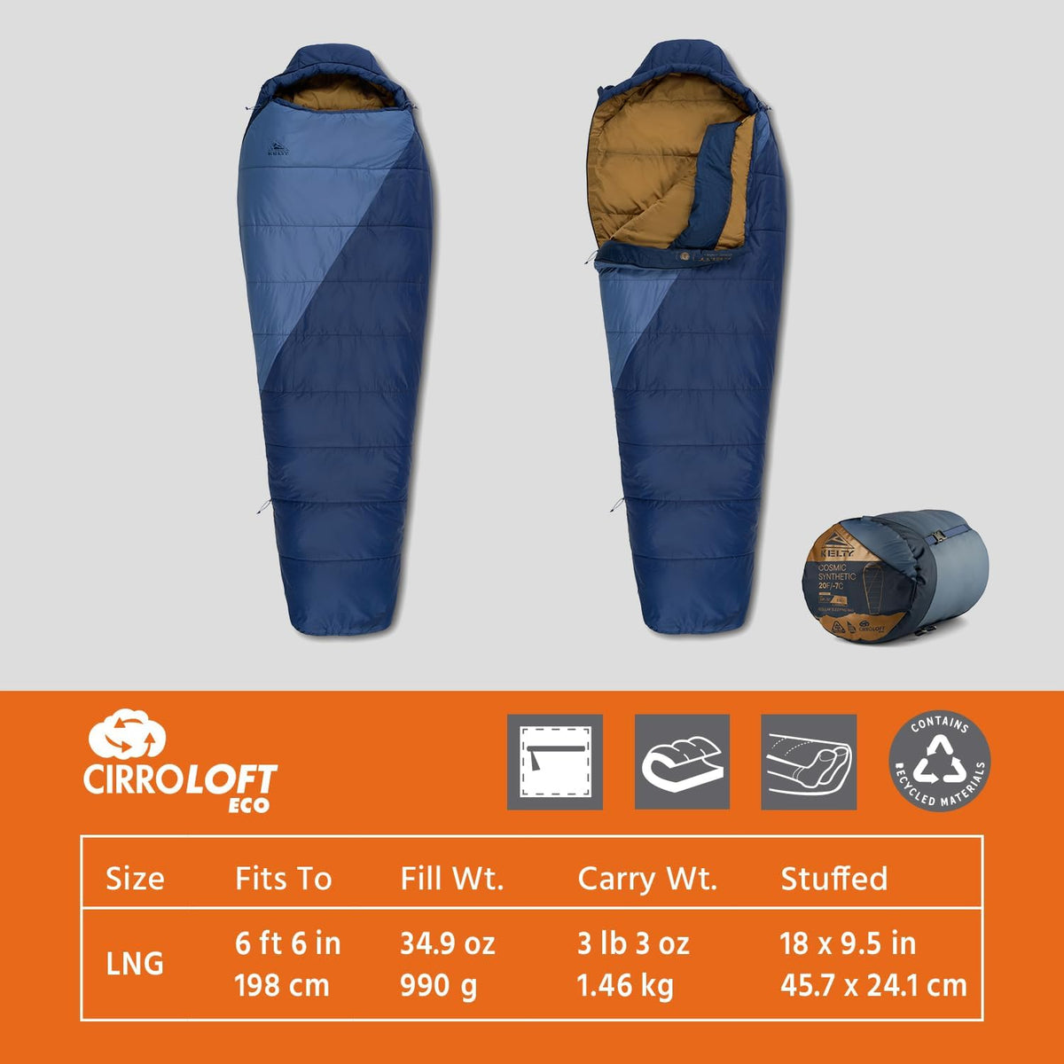 Kelty Cosmic Synthetic Fill 20 Degree Backpacking Sleeping Bag – Compression Straps, Stuff Sack Included