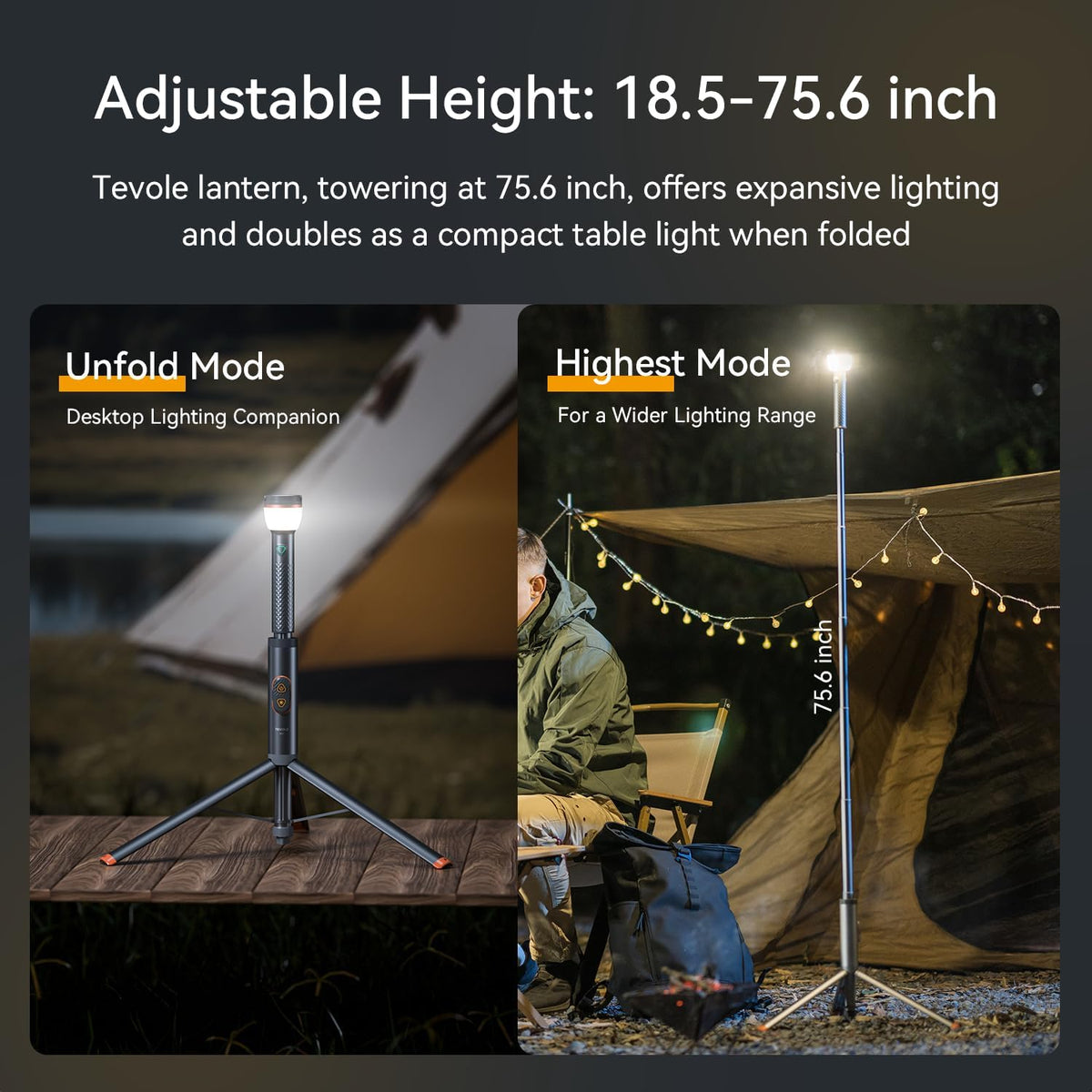Telescopic Camping Light Collapsible 800 Lumens IP65 Waterproof Smart Remote Magnetic Base USB Rechargeable Battery Adjustable Height for Outdoor Adventure Hiking Emergency Lighting
