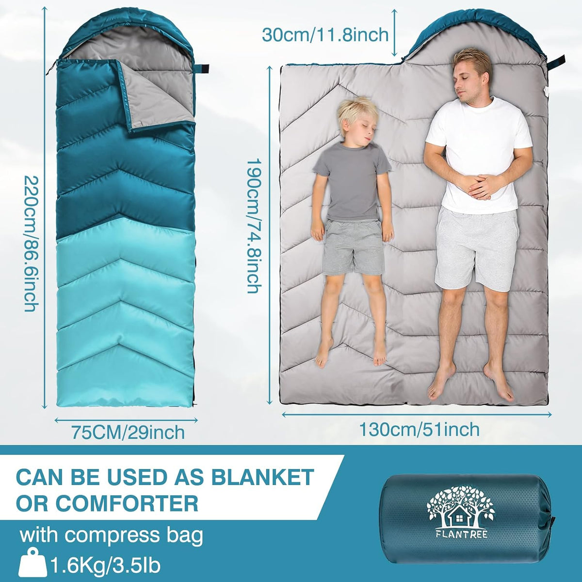 Sleeping Bags for Adults & Kids, Warm & Cool Weather, Lightweight Waterproof with Compression Bag, 3-4 Season for Camping, Hiking, Indoor & Outdoor Activities