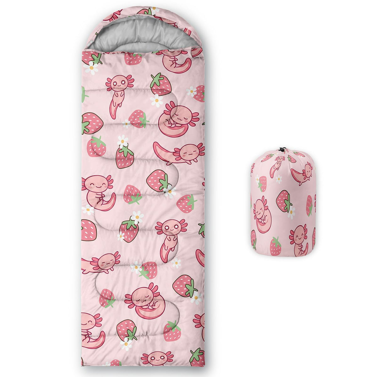 QOOMO Axolotl Cute Camping Sleeping Bags,3 Season Warm & Cool Weather,Lightweight,Waterproof Sleeping Bags for Adults & Kids,Traveling,and Outdoors