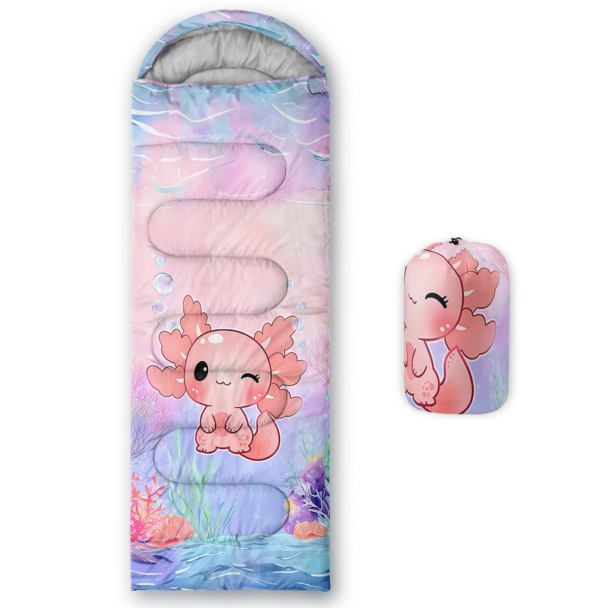 QOOMO Axolotl Cute Camping Sleeping Bags,3 Season Warm & Cool Weather,Lightweight,Waterproof Sleeping Bags for Adults & Kids,Traveling,and Outdoors