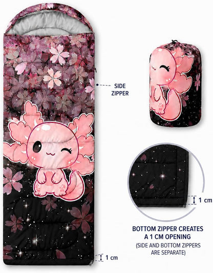 QOOMO Axolotl Cute Camping Sleeping Bags,3 Season Warm & Cool Weather,Lightweight,Waterproof Sleeping Bags for Adults & Kids,Traveling,and Outdoors