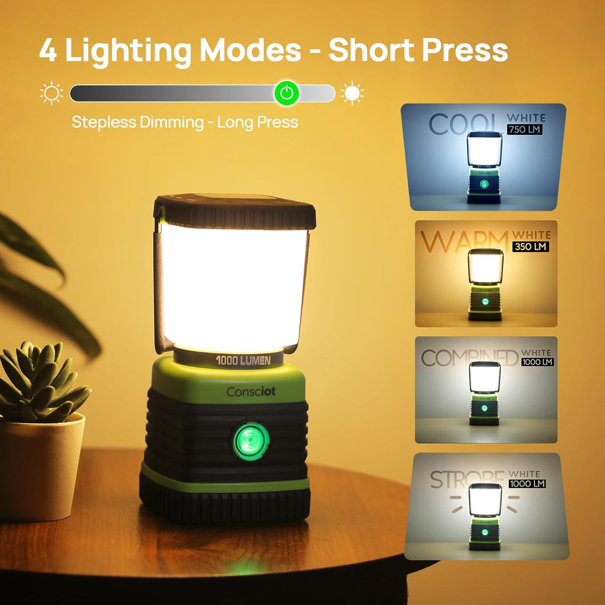 Consciot 1000LM Battery Powered LED Camping Lantern, 4 Light Mode, Dimmable