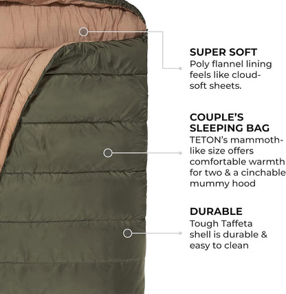 Teton Mammoth Queen Size Double Sleeping Bag- A Warm Bag the Whole Family can Enjoy – Great for Camping, Hunting and Base Camp. Compression Sack Included