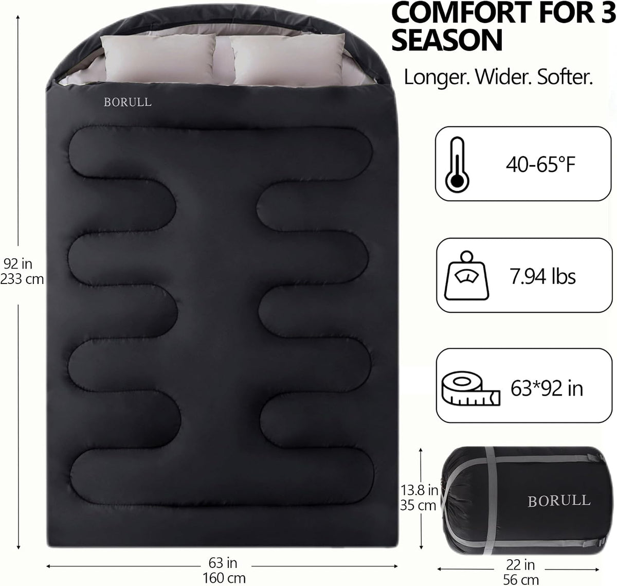 Double Sleeping Bags Queen Size for Adults Camping with 2 Pillows