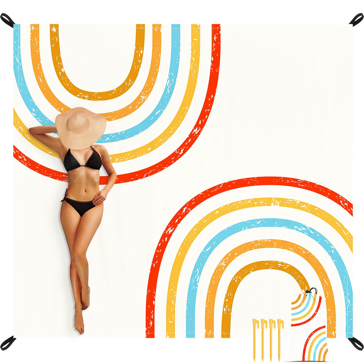 Beach Blanket Sandproof Waterproof, Large Beach Mat for 2-4 Adults with Stakes, Sand Free Compact Lightweight Picnic Blankets, Beach Essentials Necessities Accessories Must Haves-Colorful Rainbow Wave