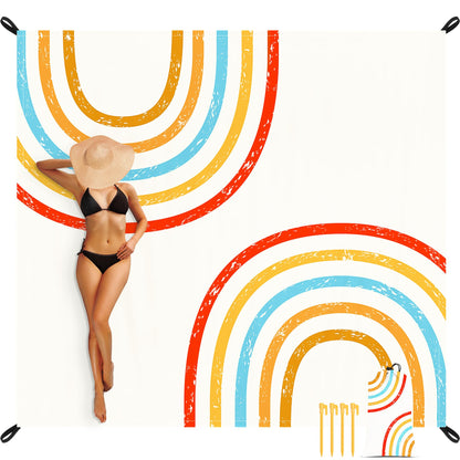 Beach Blanket Sandproof Waterproof, Large Beach Mat for 2-4 Adults with Stakes, Sand Free Compact Lightweight Picnic Blankets, Beach Essentials Necessities Accessories Must Haves-Colorful Rainbow Wave
