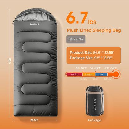 FARLAND Sleeping Bags for Adults Cold Weather & Camping, Fleece-Lined