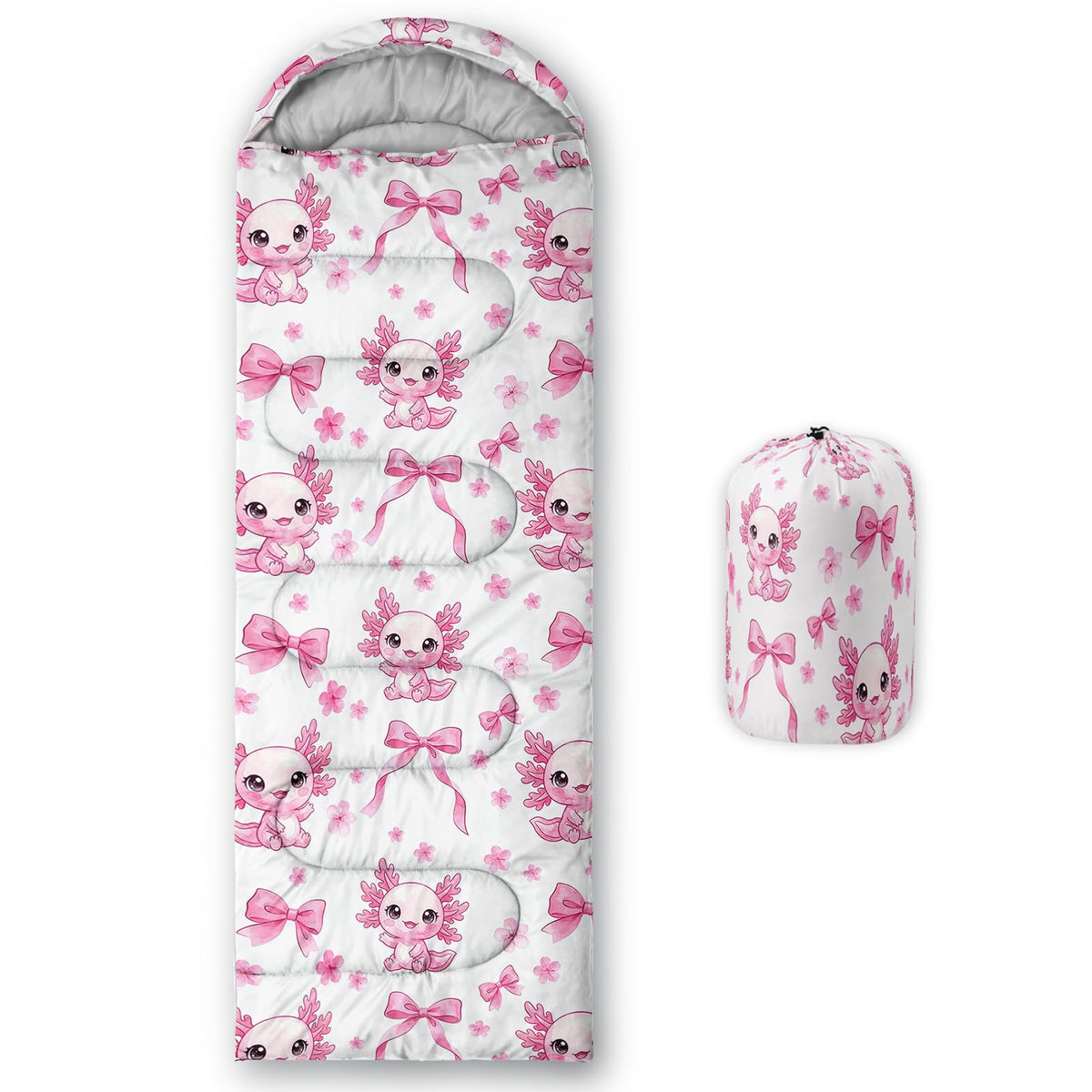 QOOMO Axolotl Cute Camping Sleeping Bags,3 Season Warm & Cool Weather,Lightweight,Waterproof Sleeping Bags for Adults & Kids,Traveling,and Outdoors