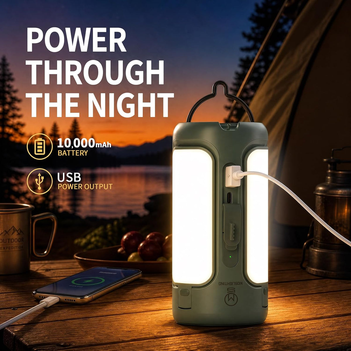 Camping Lantern Rechargeable, 3-in-1 Foldable Tent Light & Flashlight, 1500LM, 10000mAh, IP54 Water Resistant, 1/4" Screw Base, Stepless Dimming, 5 Modes for Camping, Hiking, Power Outages