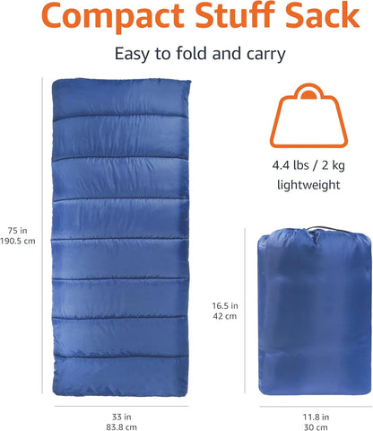 Amazon Basics 30°F Cool Weather Sleeping Bag for Adults, Warm and Comfortable, Compact Lightweight, 75" x 33", Blue