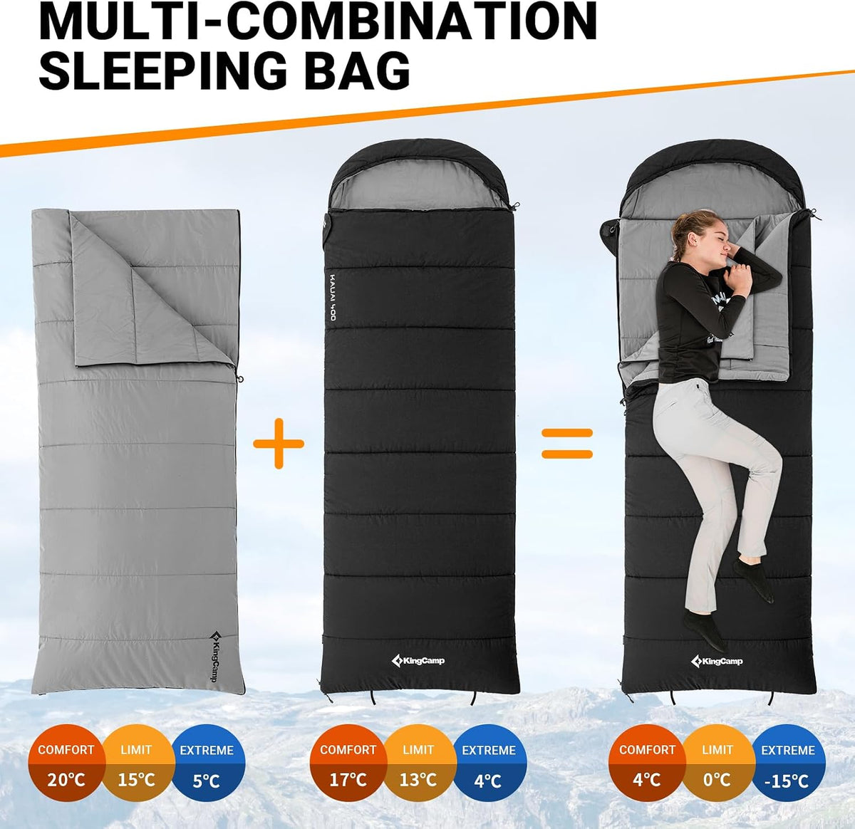 KingCamp 3-in-1 Sleeping Bag for Adults, Flannel Lining Sleeping Bag,Black