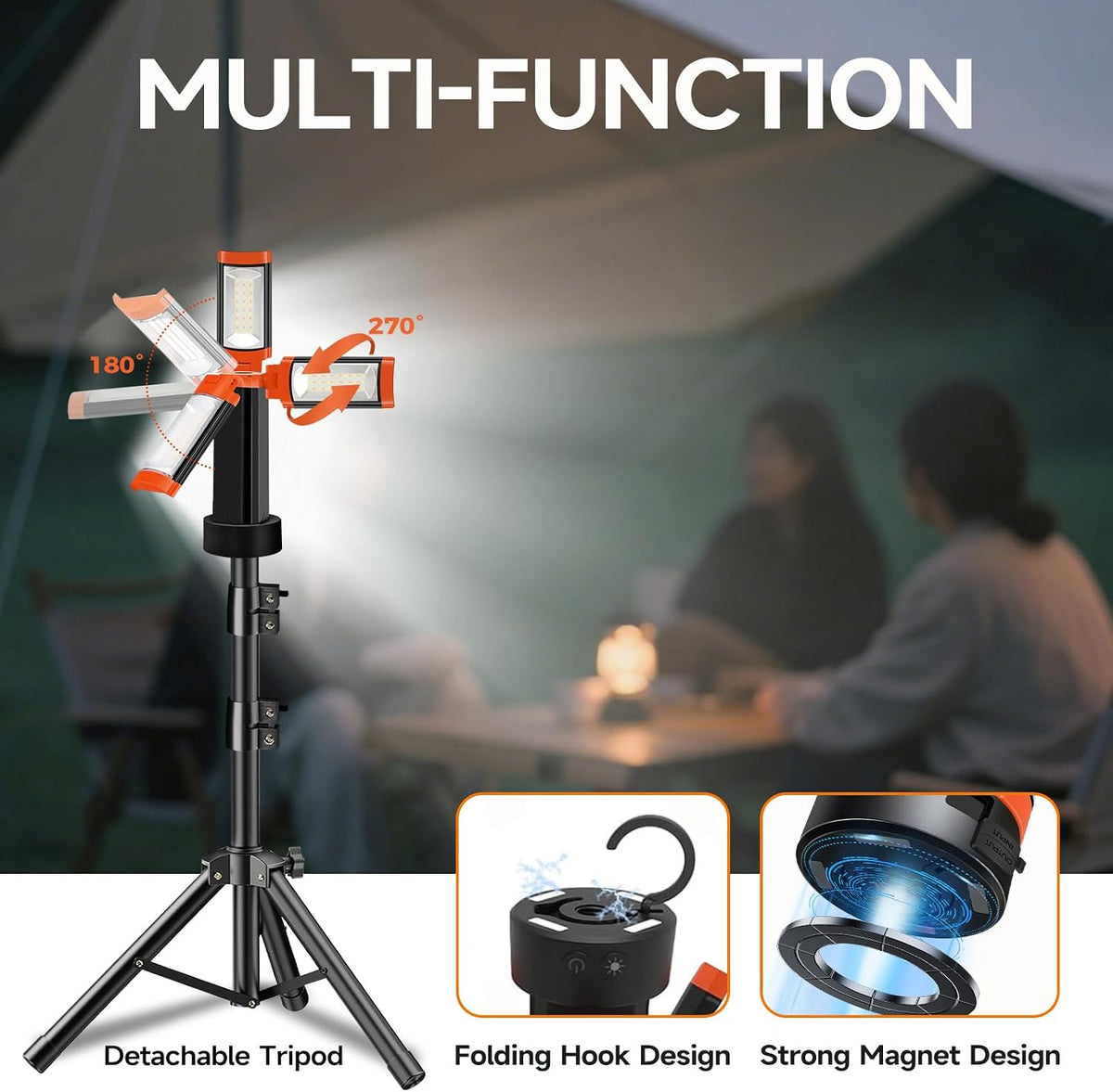 3 LED Lamp Heads Rechargeable Camping Light with Adjustable Stand