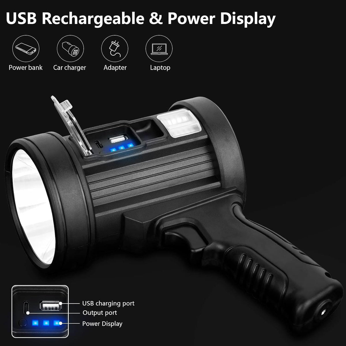 MIXILIN Rechargeable Spotlight, 2000,000 Lumens Handheld Hunting Flashlight Led Spot Light with Cob Light and Solar Panels, Lightweight and Super Bright Spotlight for Hunting Boating Camping