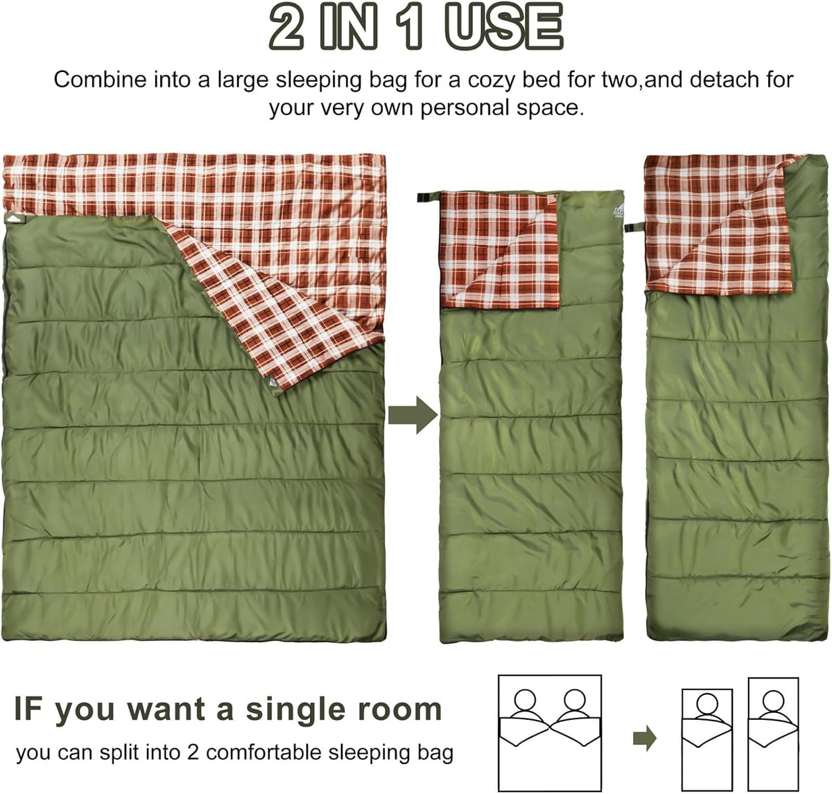 Cotton Flannel Double Sleeping Bag, 2 Person Camping Sleeping Bag