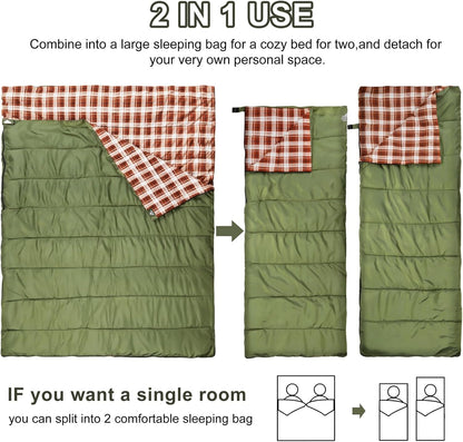 Cotton Flannel Double Sleeping Bag, 2 Person Camping Sleeping Bag