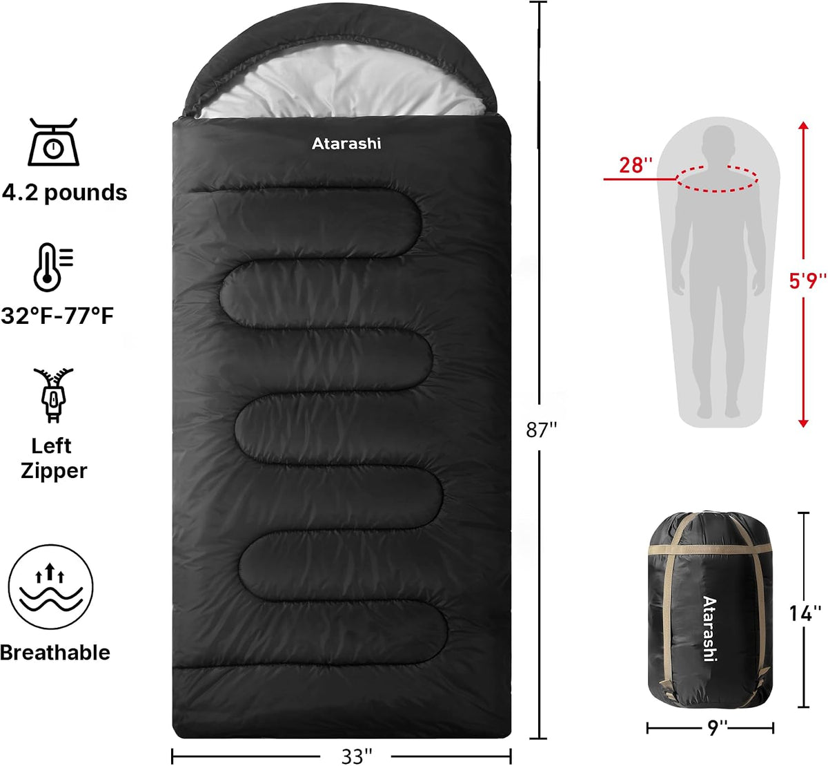 Atarashi Camping Sleeping Bag- 4 Seasons for Adults, Light, Warm, Extra-Large with Compression Sack- Great for Hiking, Backpacking & Outdoor Adventures