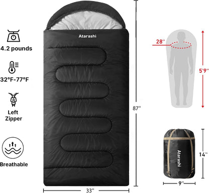 Atarashi Camping Sleeping Bag- 4 Seasons for Adults, Light, Warm, Extra-Large with Compression Sack- Great for Hiking, Backpacking & Outdoor Adventures