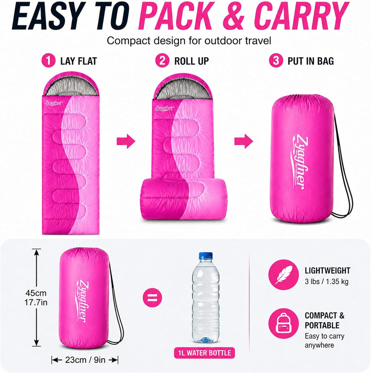 Lightweight Sleeping Bags for Adults, 3-Season Camping Sleeping Bag for Summer & Mild Weather, Waterproof Compact Backpacking Sleeping Bag for Hiking, Travel & Outdoors