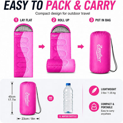 Lightweight Sleeping Bags for Adults, 3-Season Camping Sleeping Bag for Summer & Mild Weather, Waterproof Compact Backpacking Sleeping Bag for Hiking, Travel & Outdoors