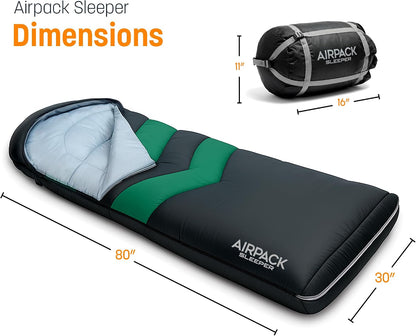 Sleeping Bag with Built-in Pad (AirPack Sleeper) - All-in-One Inflatable Sleeping Pad and Zip-Up Blanket for Camping with Built-in Foot Pump (Black/Green) 80"×30"