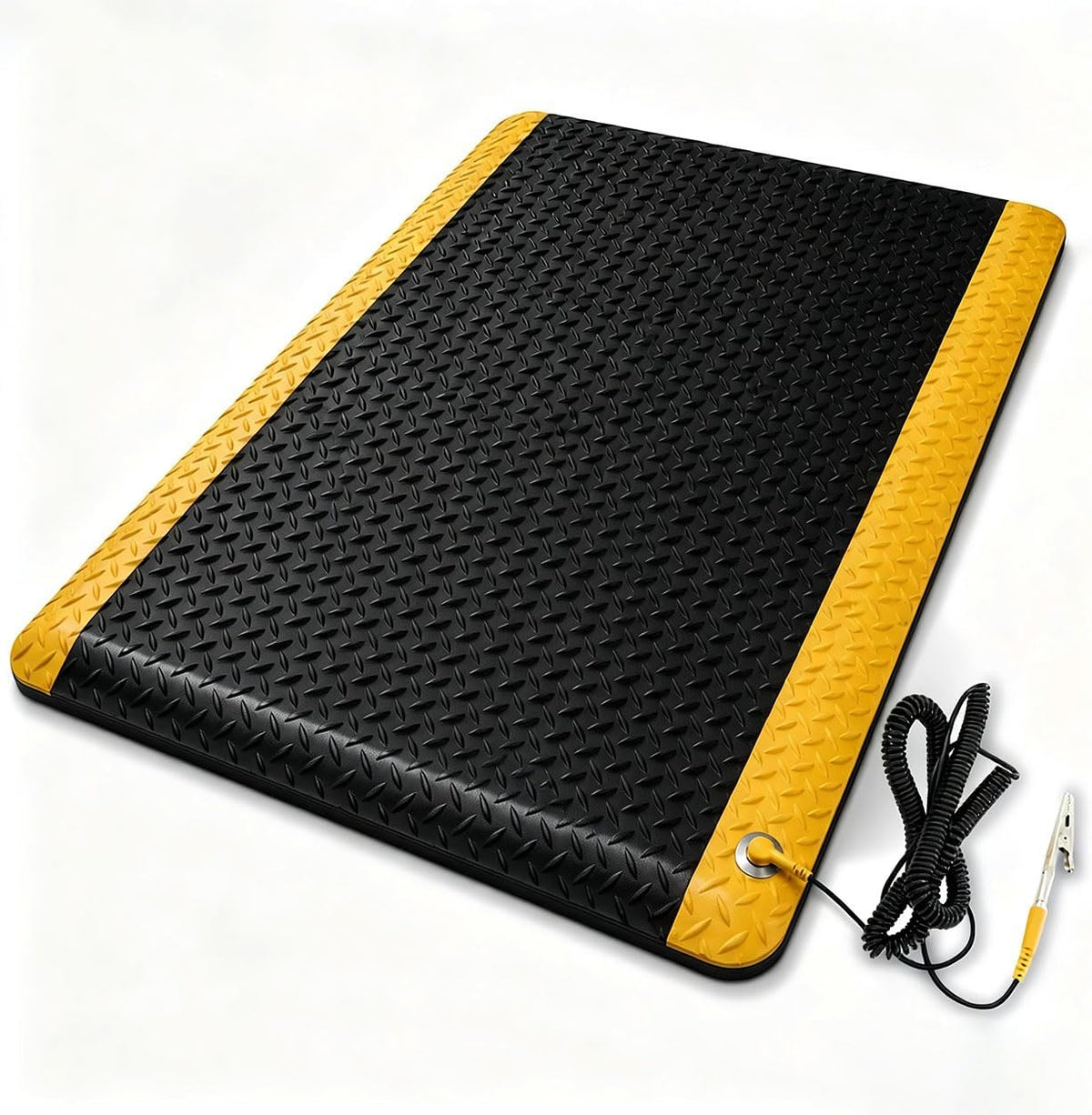 3' x 5' ESD Anti-Fatigue Conductive Mat, Durable Heavy Duty Diamond Plate, Soft Sponge Ergonomic Mat, Non Slip Waterproof Floor Mats for Commercial&Industrial Work, Thick 3/4” Black with Yellow Border
