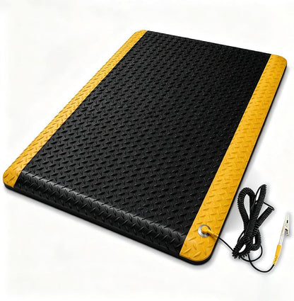 3' x 5' ESD Anti-Fatigue Conductive Mat, Durable Heavy Duty Diamond Plate, Soft Sponge Ergonomic Mat, Non Slip Waterproof Floor Mats for Commercial&Industrial Work, Thick 3/4” Black with Yellow Border