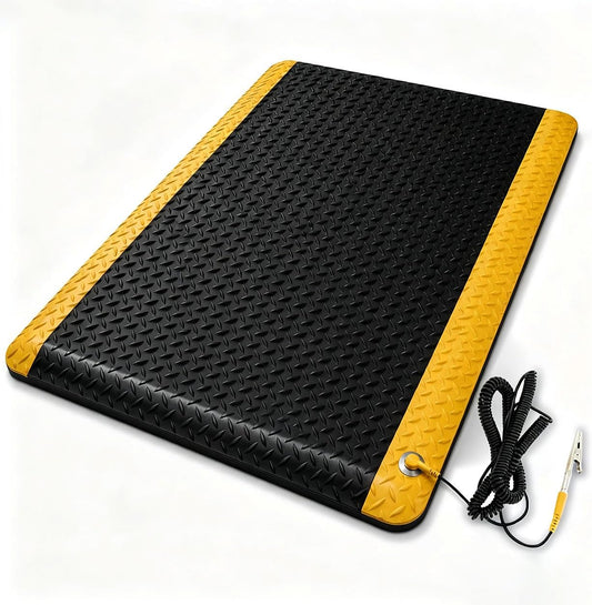 3' x 5' ESD Anti-Fatigue Conductive Mat, Durable Heavy Duty Diamond Plate, Soft Sponge Ergonomic Mat, Non Slip Waterproof Floor Mats for Commercial&Industrial Work, Thick 3/4” Black with Yellow Border