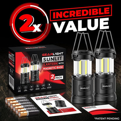GearLight Camping Lantern - 2 Portable LED Battery Powered Lantern with Magnetic Base and Foldable Hook for Emergency Use or Campsites, Essential Hurricane Survival Kit with Batteries - Black