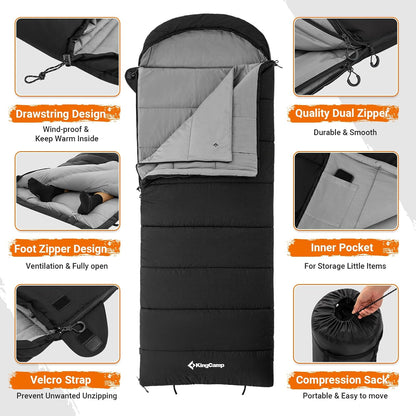 KingCamp 3-in-1 Sleeping Bag for Adults, Flannel Lining Sleeping Bag,Black