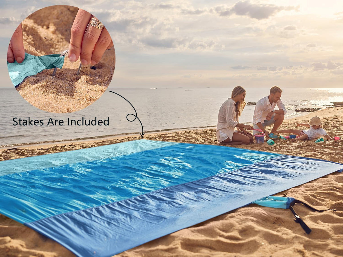 WEKAPO Beach Blanket Sandproof Waterproof, Extra Large Beach Mat, Oversized & Compact Sand Free, Quick Drying Beach Essentials for Vacation, Cruise, Picnic & Camping with Stakes