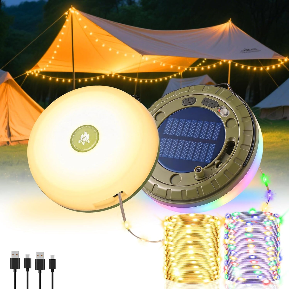 2Pack Solar Camping String Lights, 32.8FT Warm/RGB Rechargeable Tent Lights
