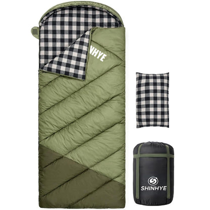 ShinHye 0 Degree Sleeping Bag for Adults - Cotton Flannel 4 Season Cold Weather Winter, XXL Big and Tall Camping Sleeping Bag with Compression Sack
