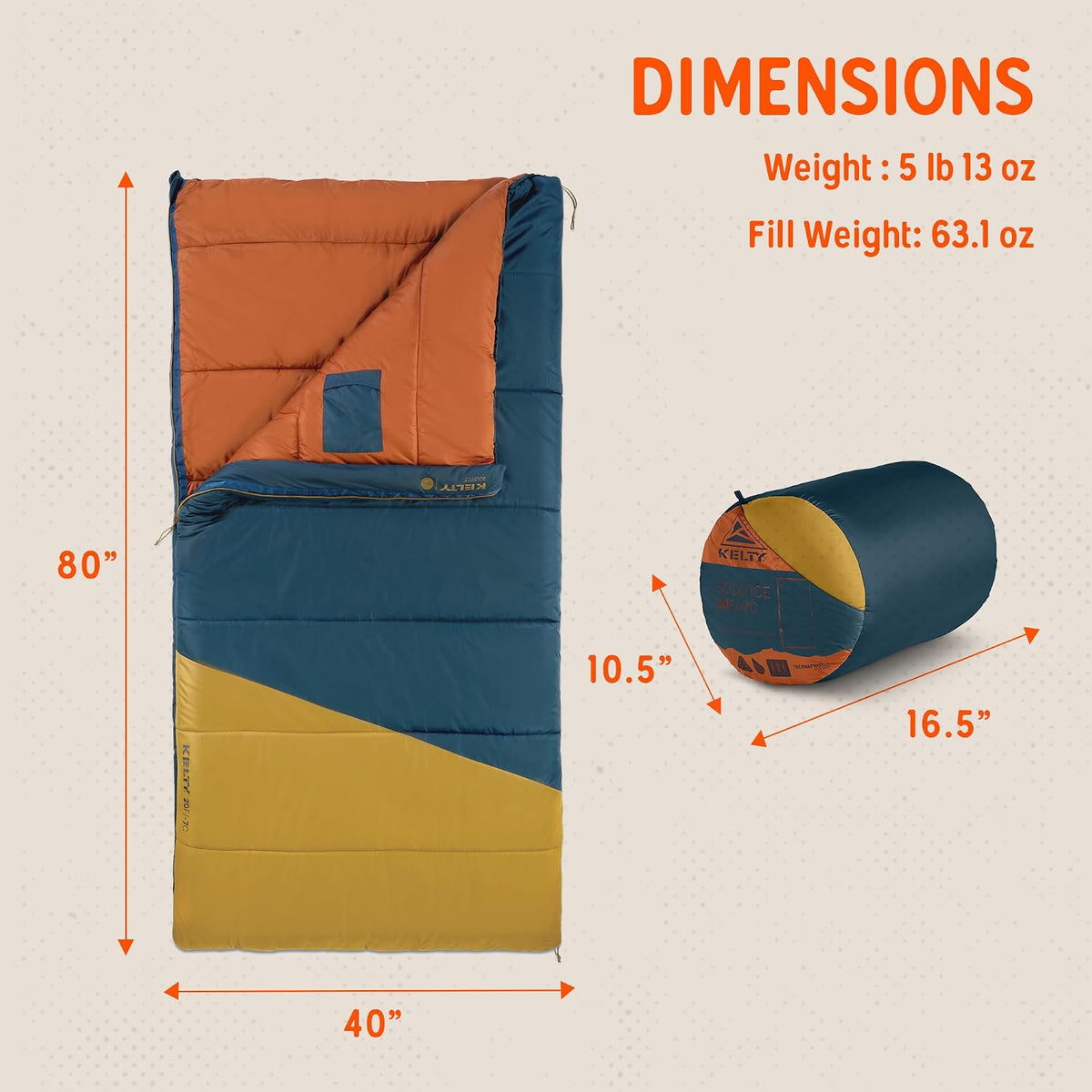 Kelty Solstice Oversized Rectangular Sleeping Bag, 2-3 Season, 20 or 40F