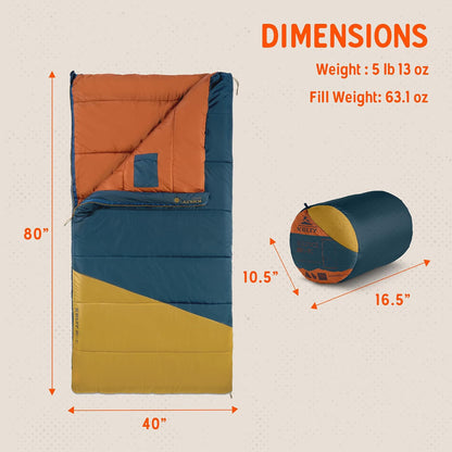 Kelty Solstice Oversized Rectangular Sleeping Bag, 2-3 Season, 20 or 40F