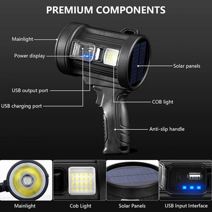 MIXILIN Rechargeable Spotlight, 2000,000 Lumens Handheld Hunting Flashlight Led Spot Light with Cob Light and Solar Panels, Lightweight and Super Bright Spotlight for Hunting Boating Camping